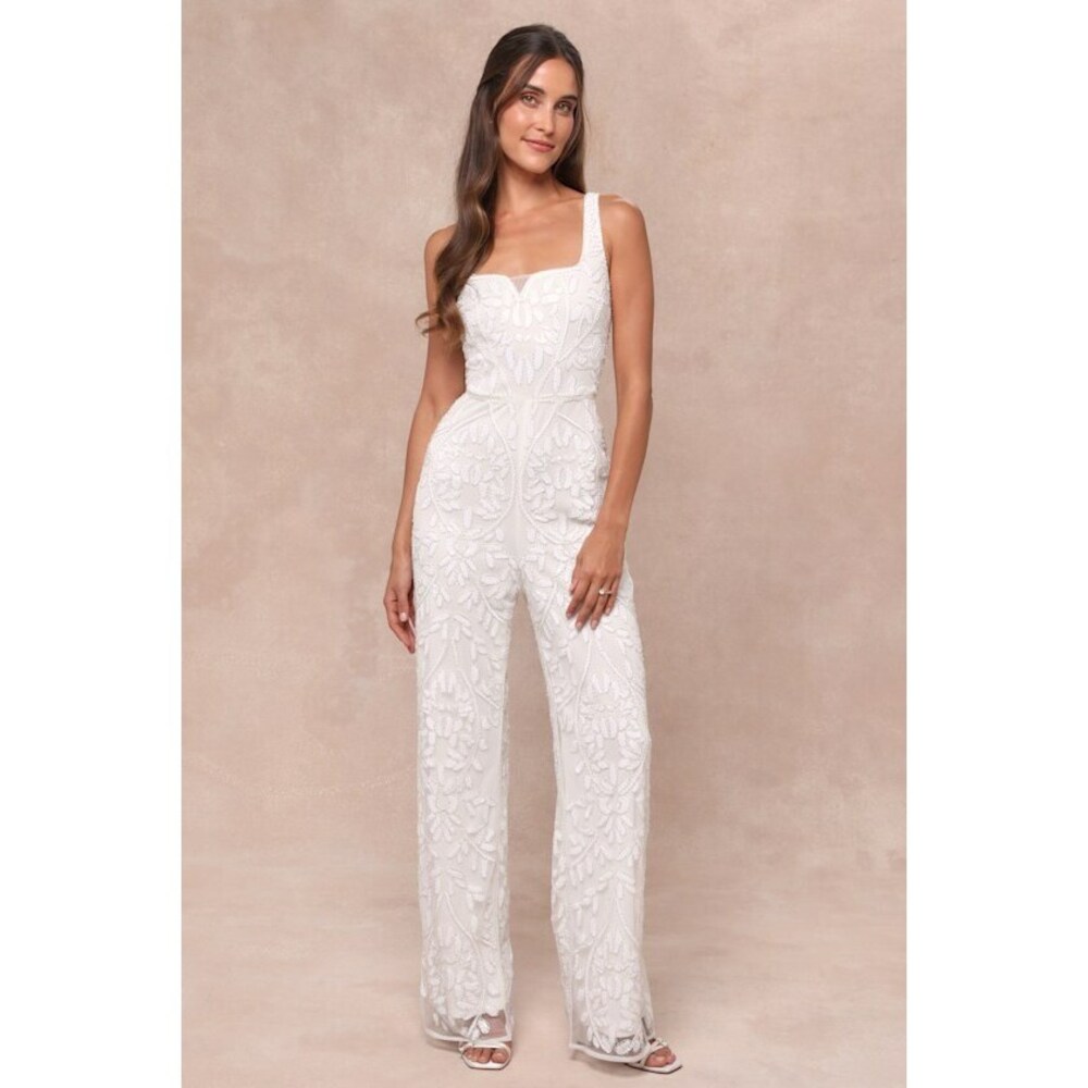 Lulus Glittering Influence White Bridal Beaded Lace-up Jumpsuit - Size L